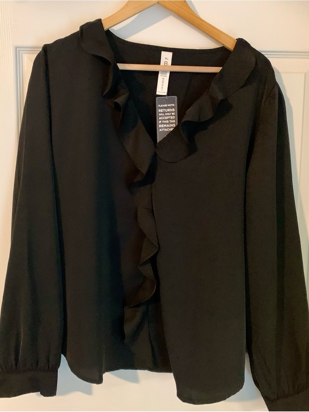 Blooming Jelly Ruffle-Trim Black Blouse - Women's Long Sleeve